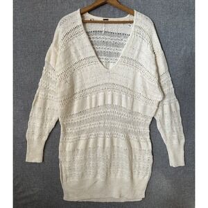 Free People Women's Cream Knit Sweater Dress Oversized Deep V-Neck Pullover M